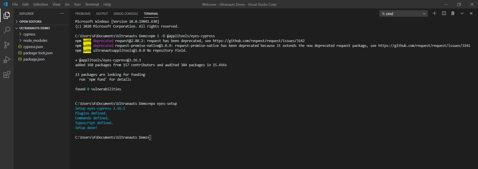 applitools install npm package and npx eye-setup.png